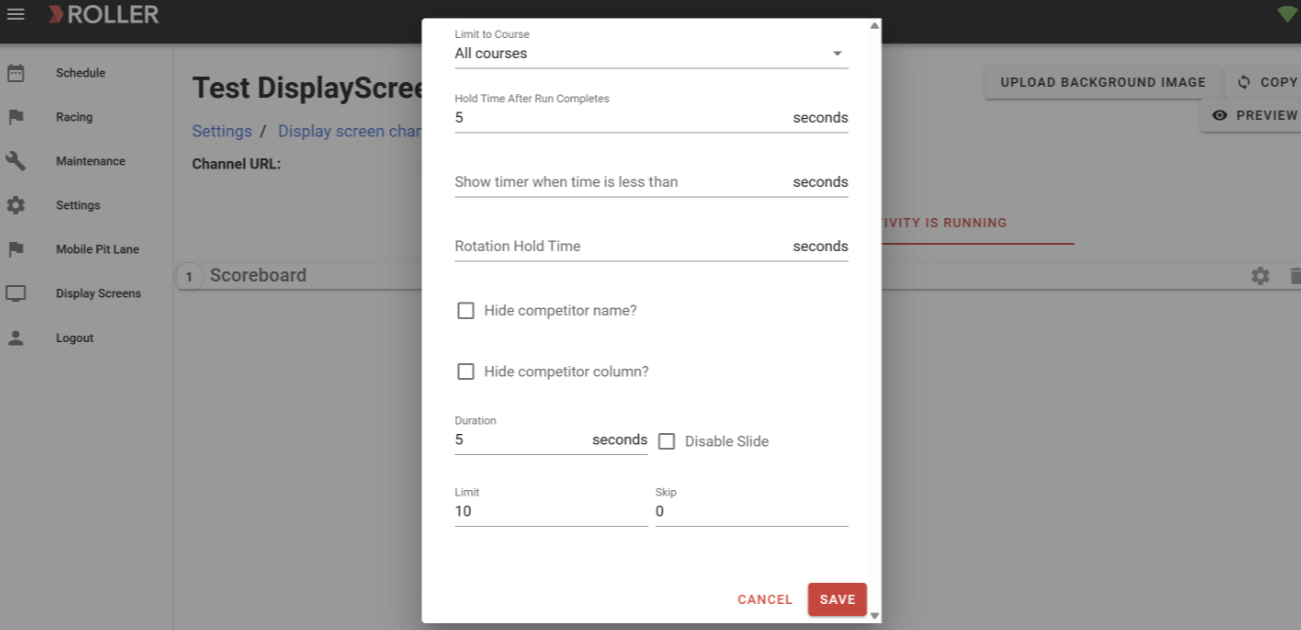 Settings menu for display screen configuration with various timer and display options.