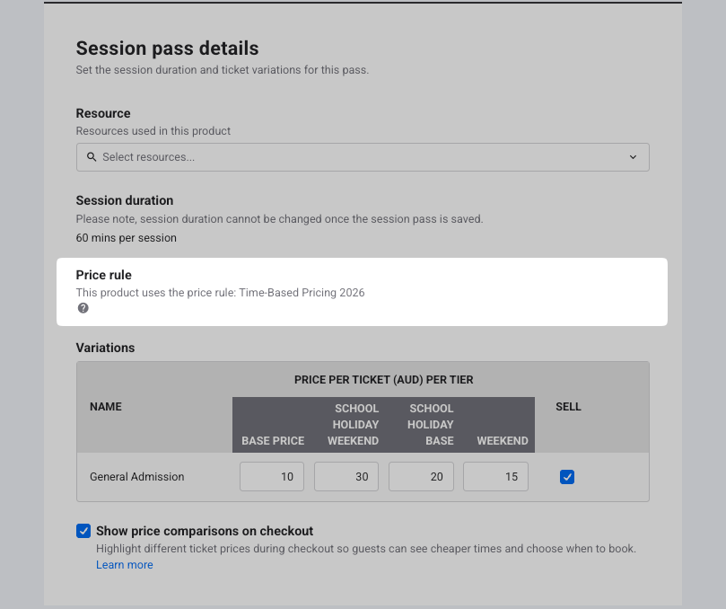 A managed venue product showing the price rule with no drop-down