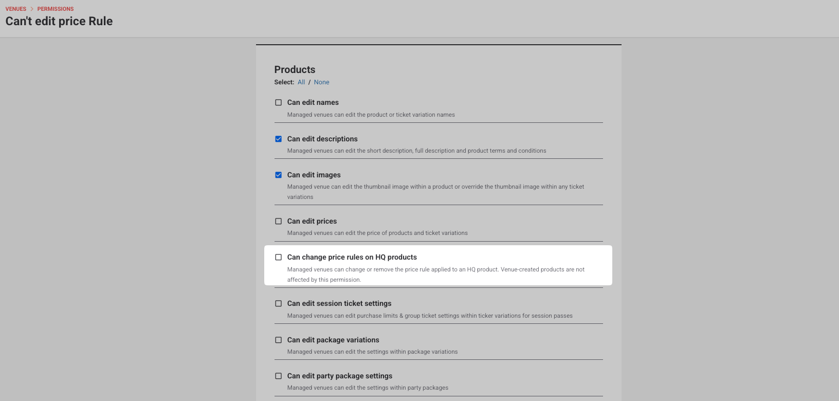 The Can change price rules on HQ products permission in an HQ permission group