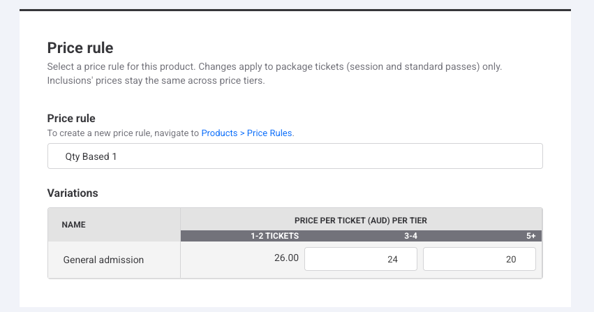 Price rule settings for ticket variations based on quantity and pricing tiers.