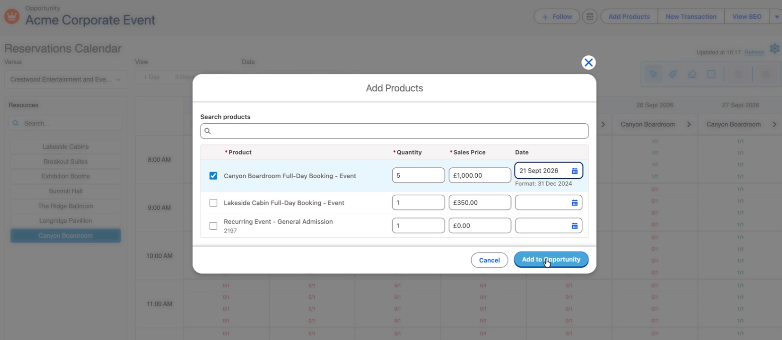 Product selection window for booking events at Canyon Boardroom with pricing details.