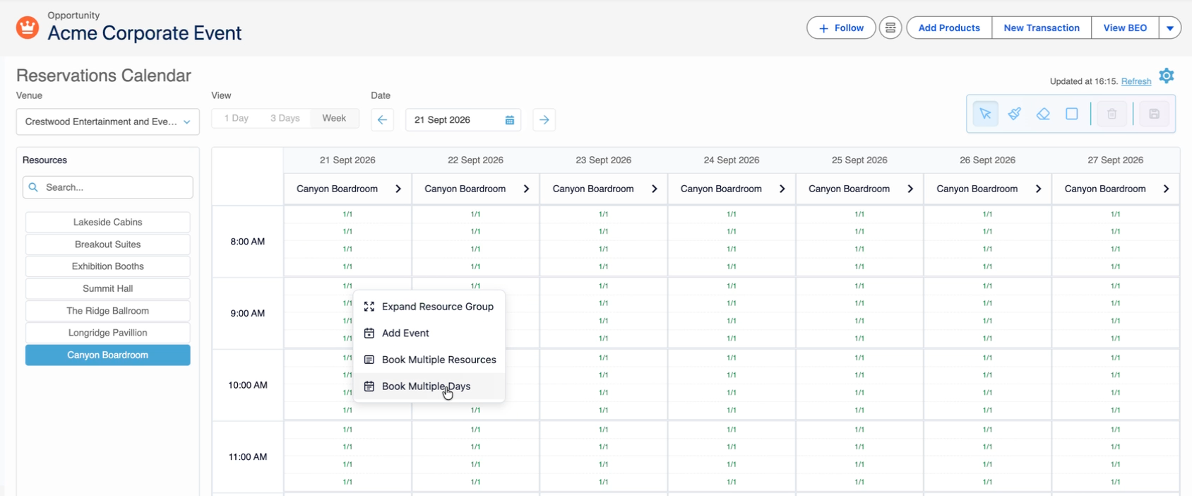 Reservations calendar for Acme Corporate Event showing resource booking options and availability.