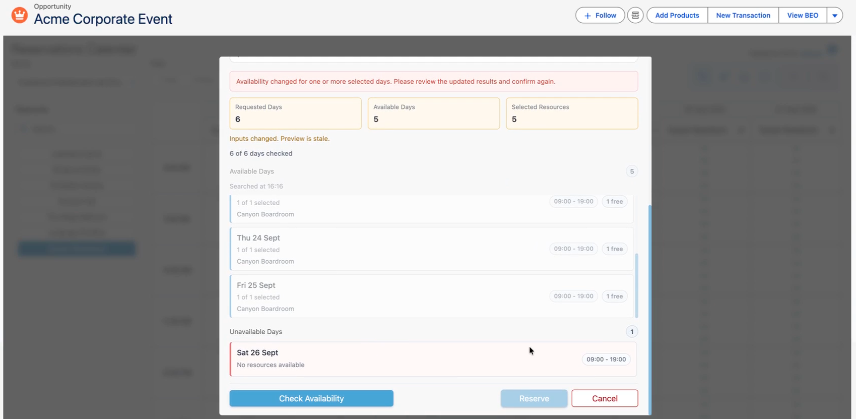 Reservation system showing available and unavailable days for a corporate event.