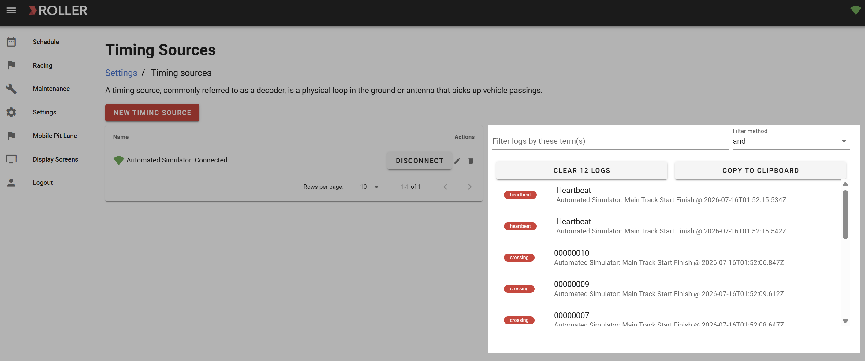 Settings page displaying connected timing source and log filter options for vehicle tracking.