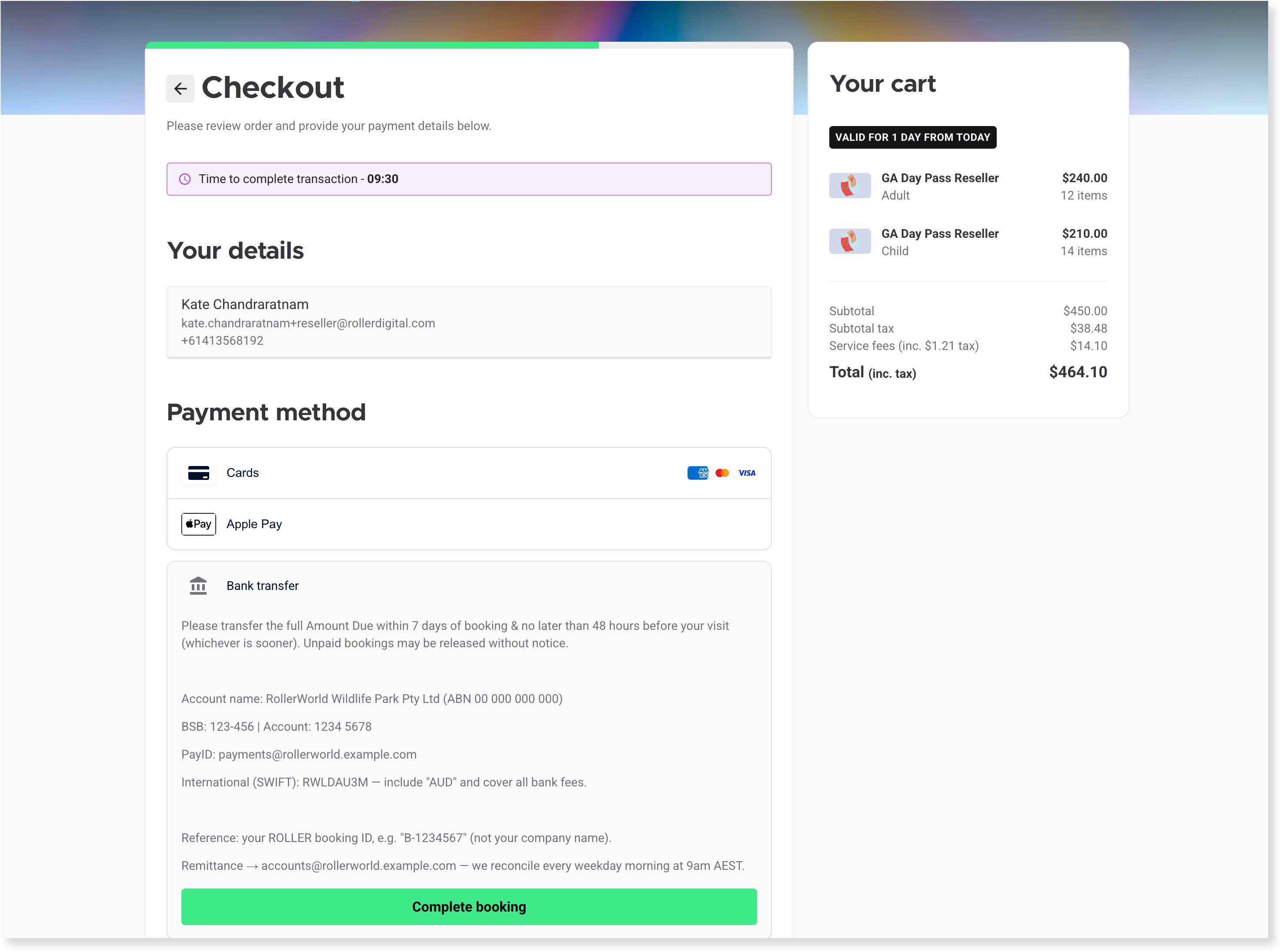 Choose how you're paying for the booking from the payment options agreed with the venue, then complete the booking