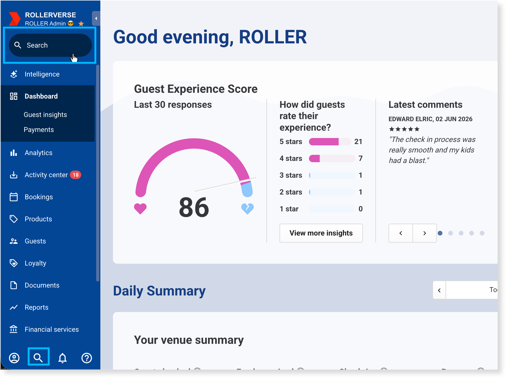 The search records panel open in Venue Manager.