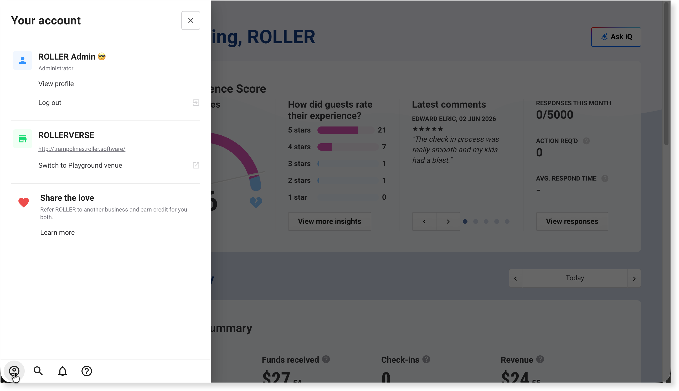 The account panel in Venue Manager, showing profile settings, billing settings, switch venue and switch to playground.