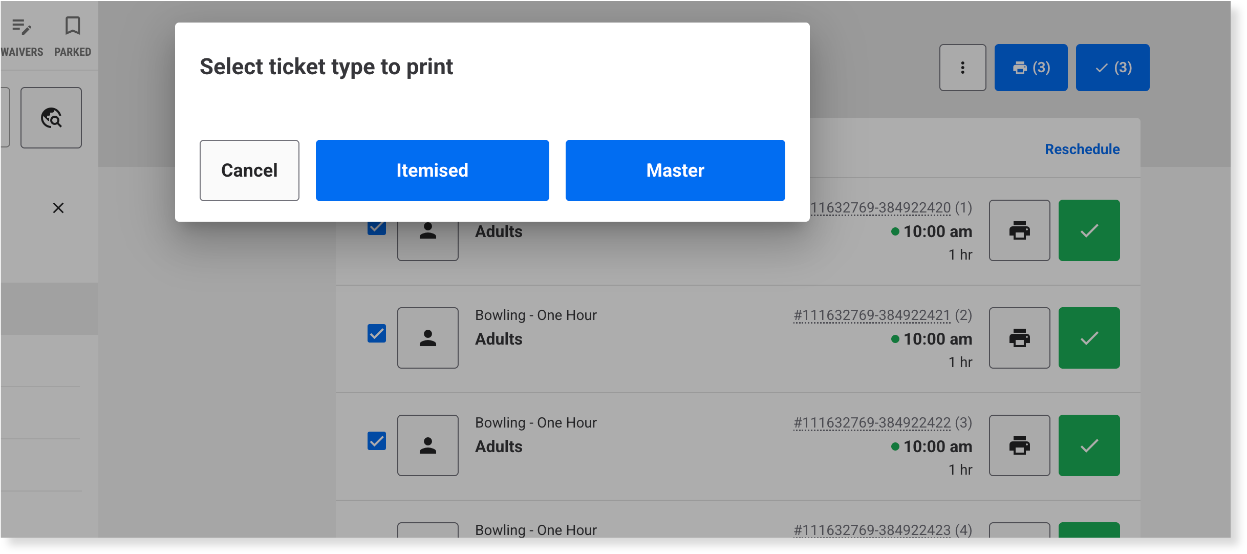 POS pop-up asking staff to choose itemized or master tickets before the tickets for a booking print.