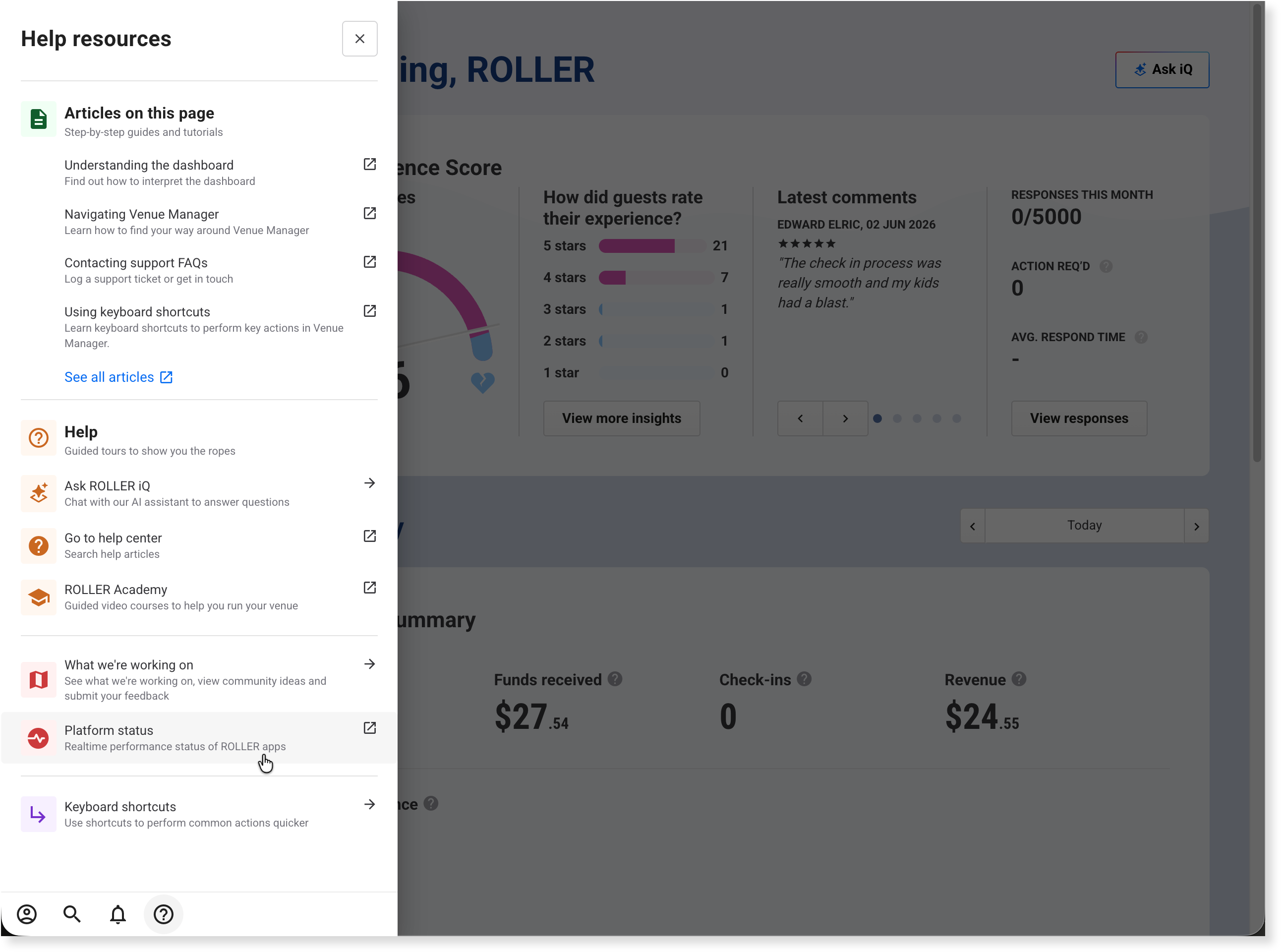 The help resources panel in Venue Manager, showing suggested articles, live chat and the link to submit a support request.