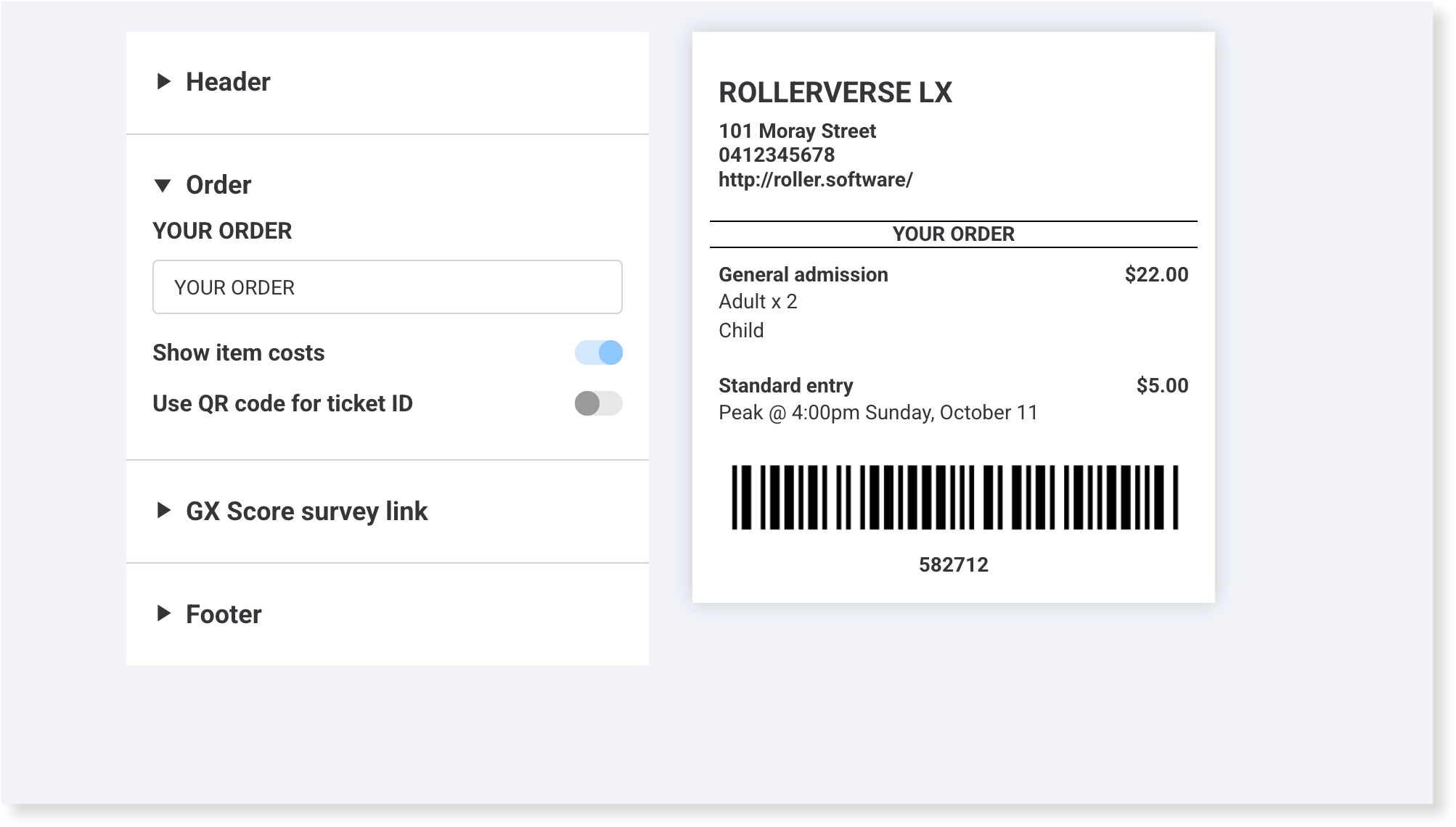 POS master ticket template in Venue Manager, with the Order panel open and a preview of the printed ticket and its barcode.