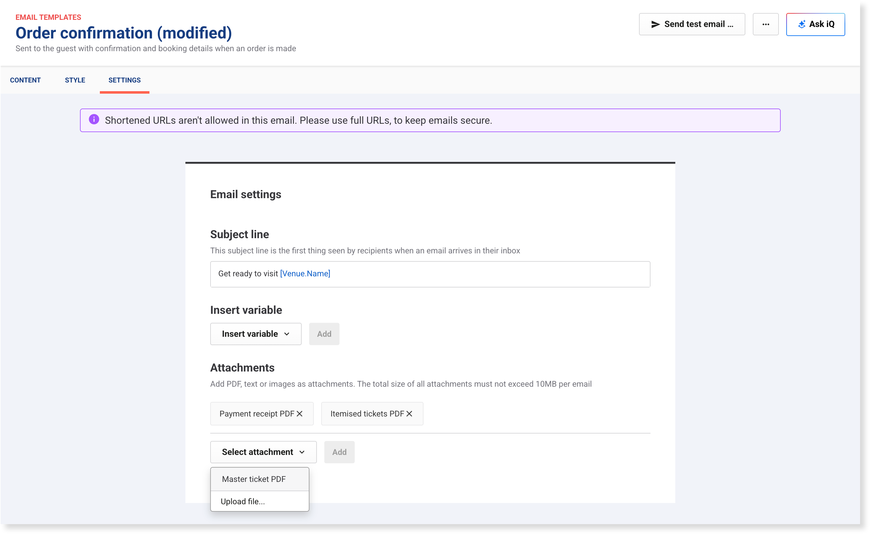 Attachments section of the Order confirmation email template, showing the master and itemized ticket PDFs added.
