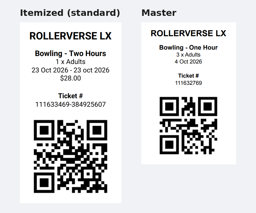 ROLLER Connect itemized ticket for one adult, showing the booking and ticket number, beside a ROLLER Connect master ticket listing 3 x Adults.