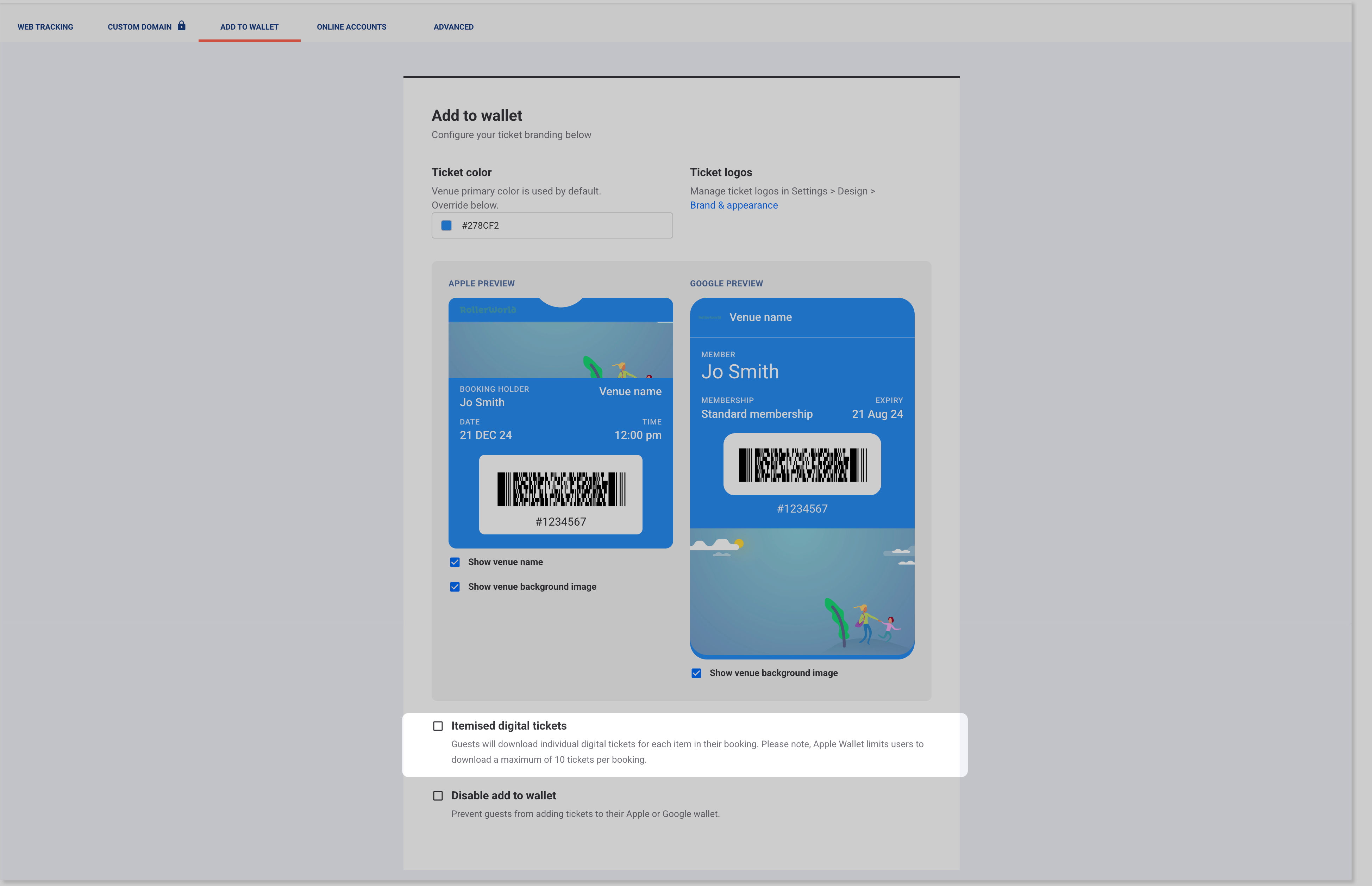 Add to wallet settings in progressive checkouts, showing the Apple and Google wallet previews and the Itemized digital tickets option.