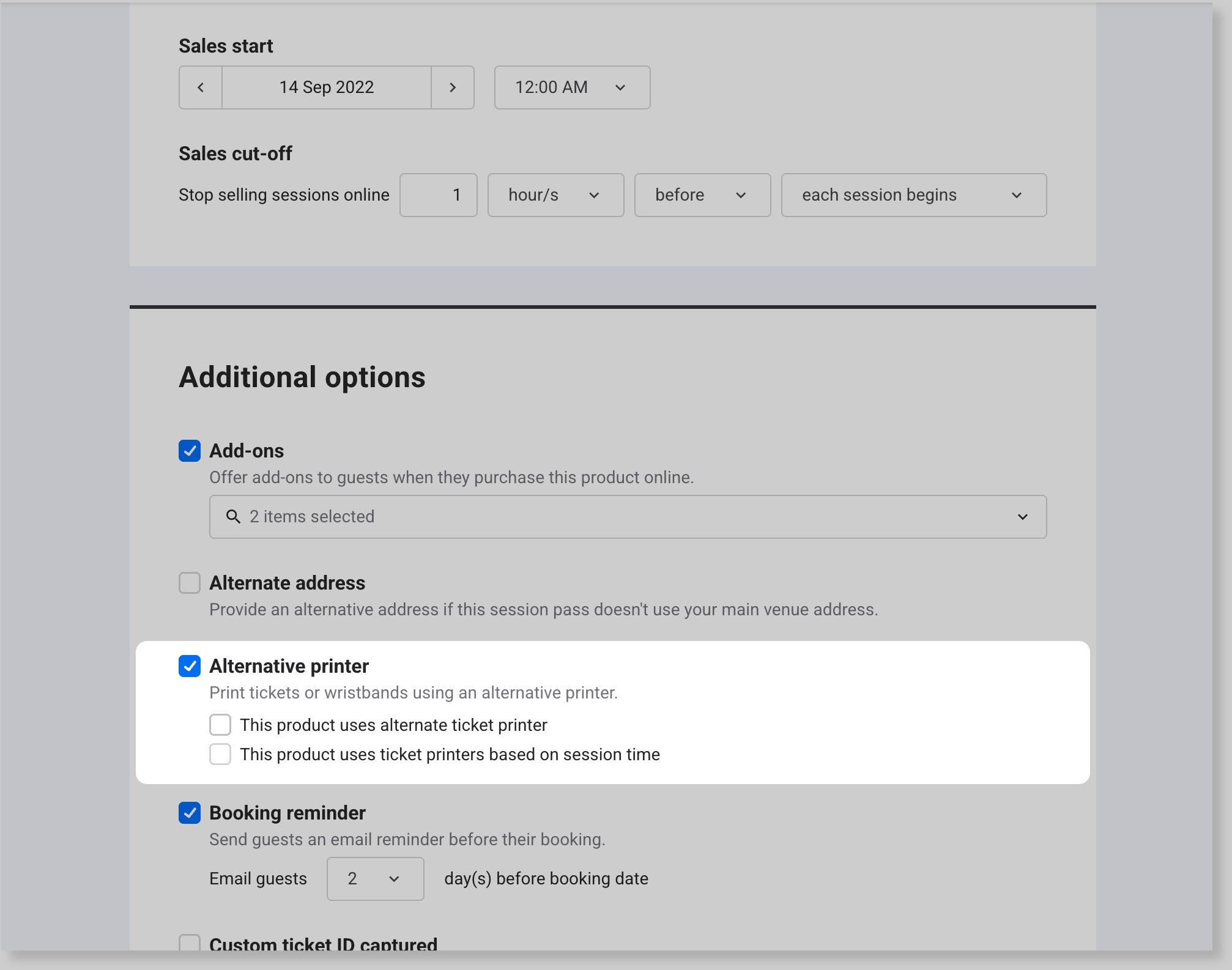 Alternative printer options in a session pass, with the checkboxes for sticker printing and wristband printing based on session time.