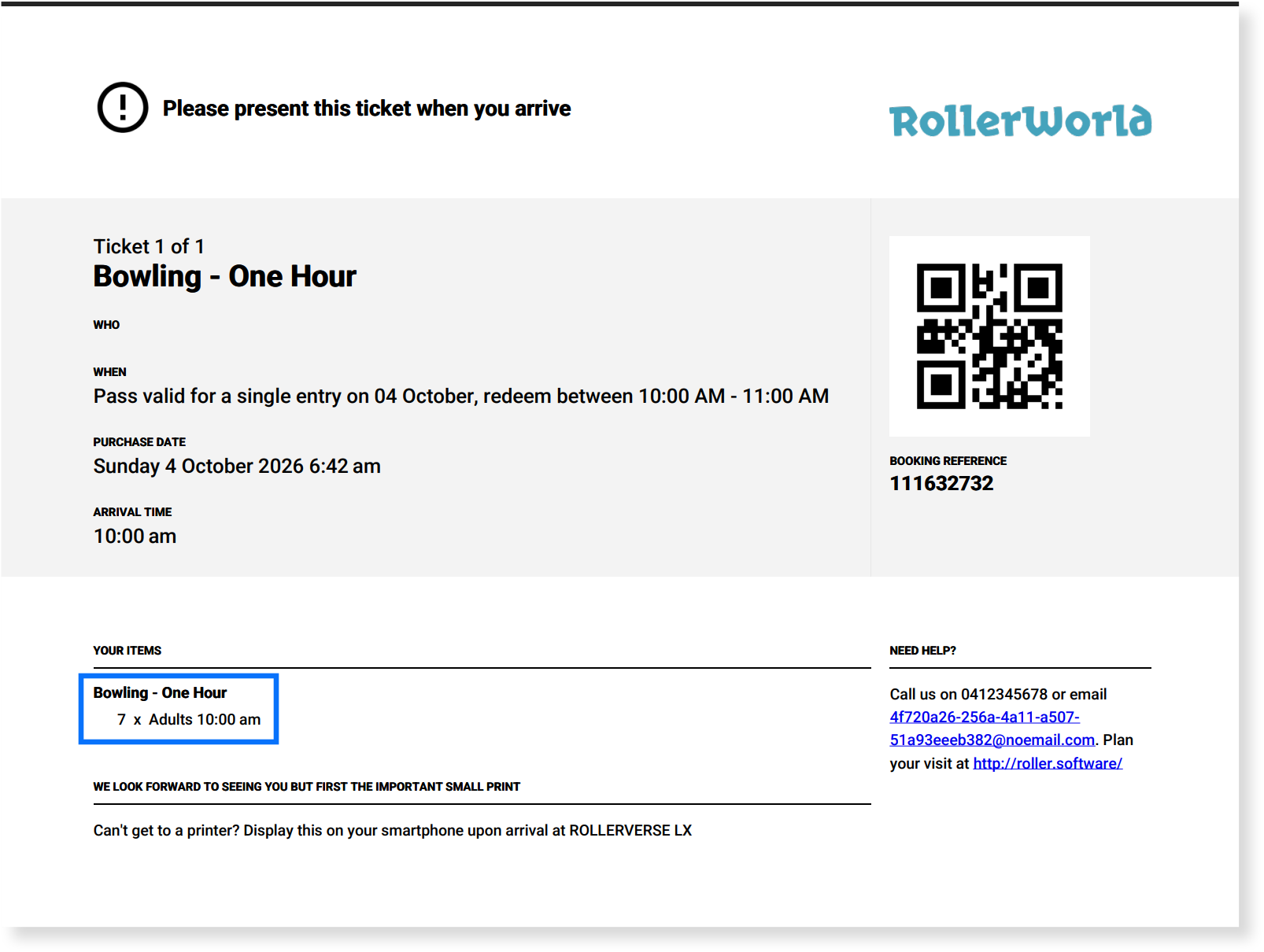 Emailed master ticket PDF with the venue logo, booking details and one QR code for the whole booking.
