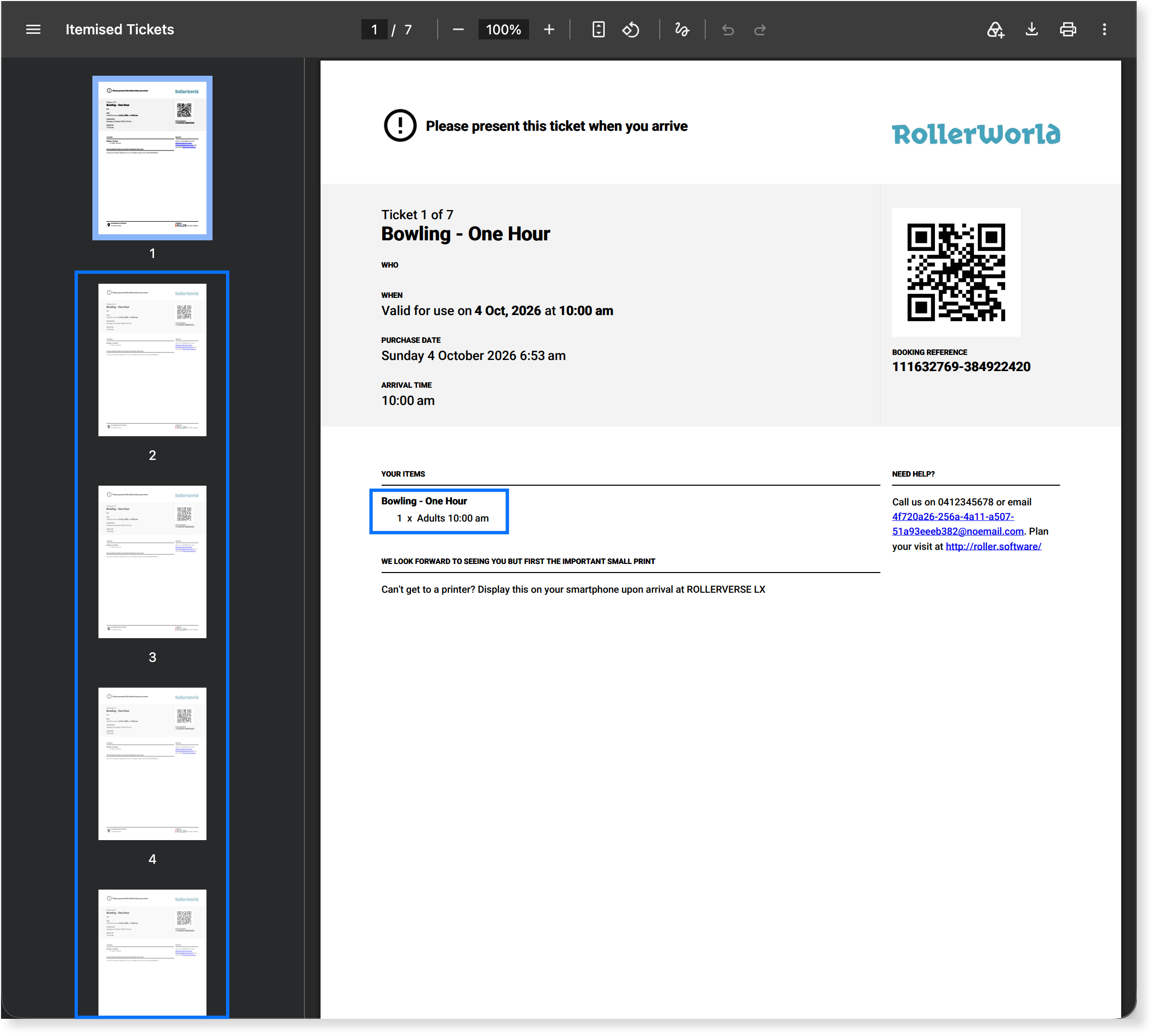 Emailed itemized ticket PDF open on page 1 of 7, showing Ticket 1 of 7, the booking details and that ticket's QR code.