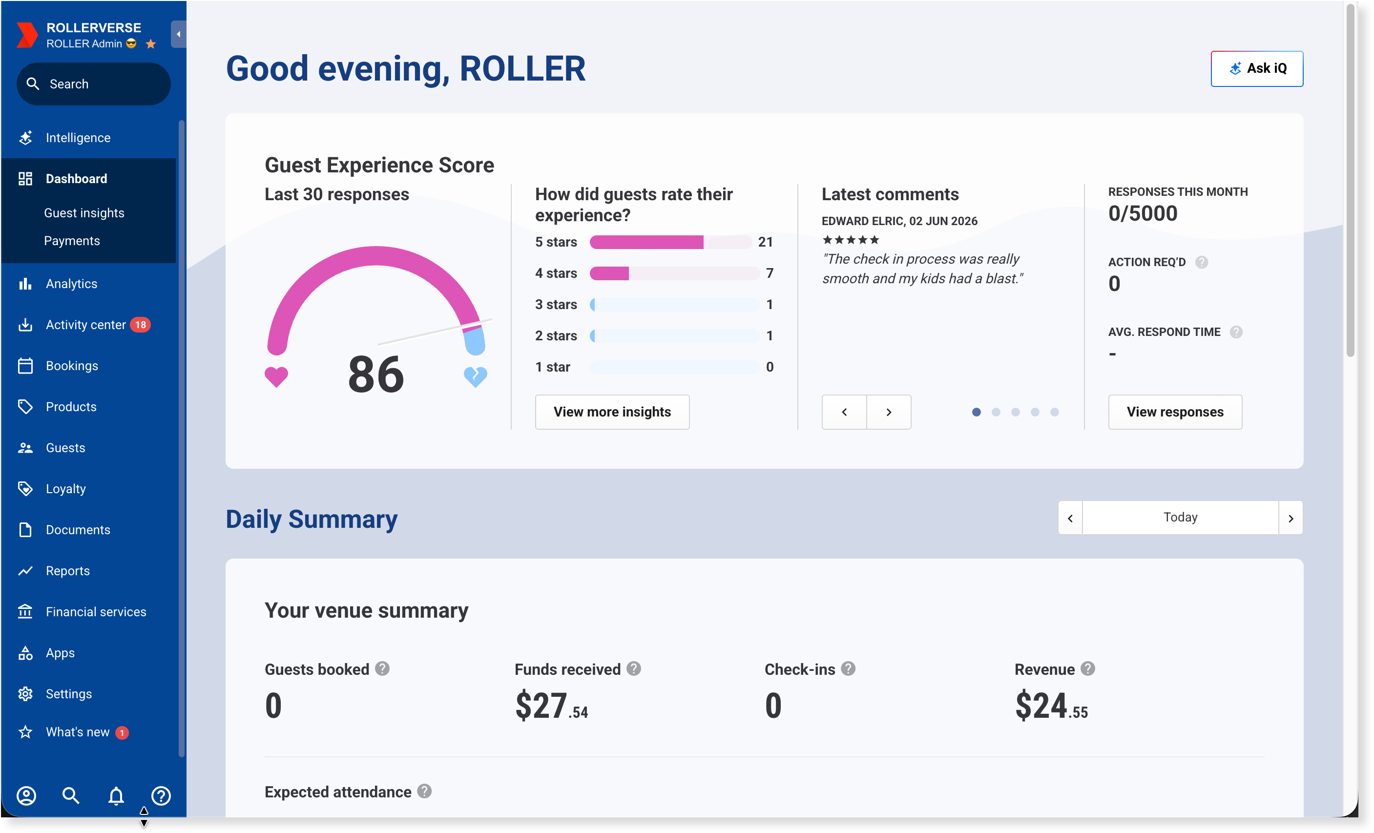 The Venue Manager menu options, from Intelligence at the top to What's new at the bottom.