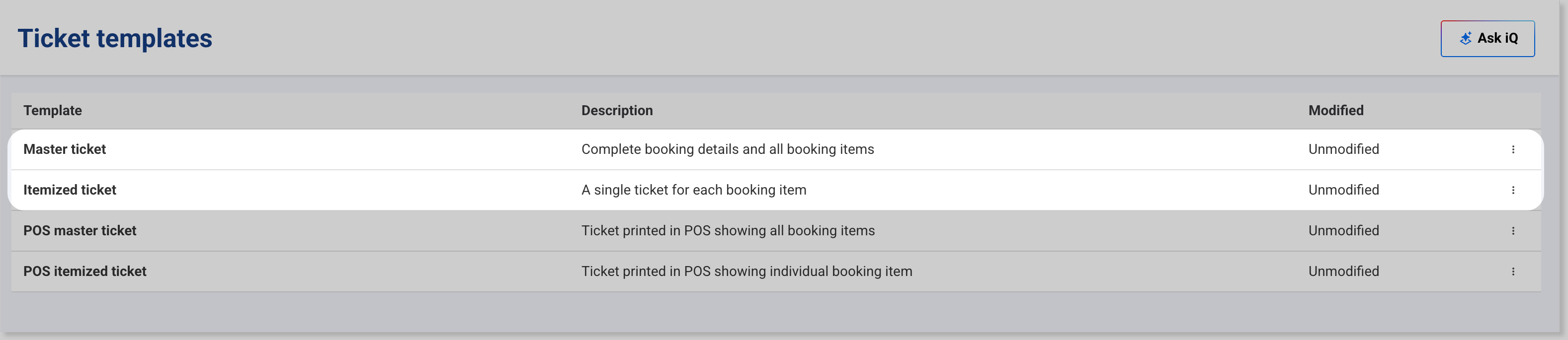 Ticket templates page in Venue Manager, with the Master ticket and Itemized ticket emailed templates highlighted.