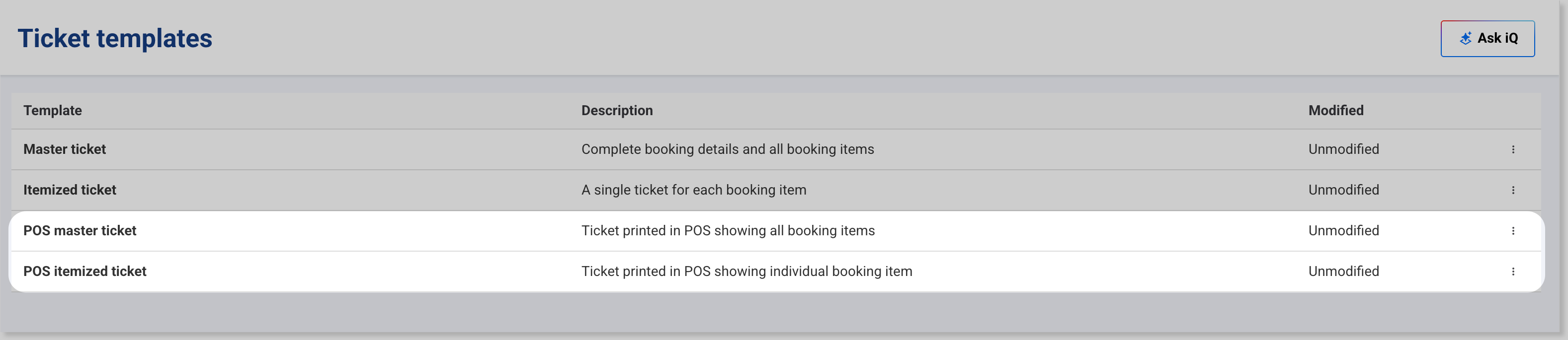 Ticket templates page in Venue Manager, with the POS master ticket and POS itemized ticket templates highlighted.