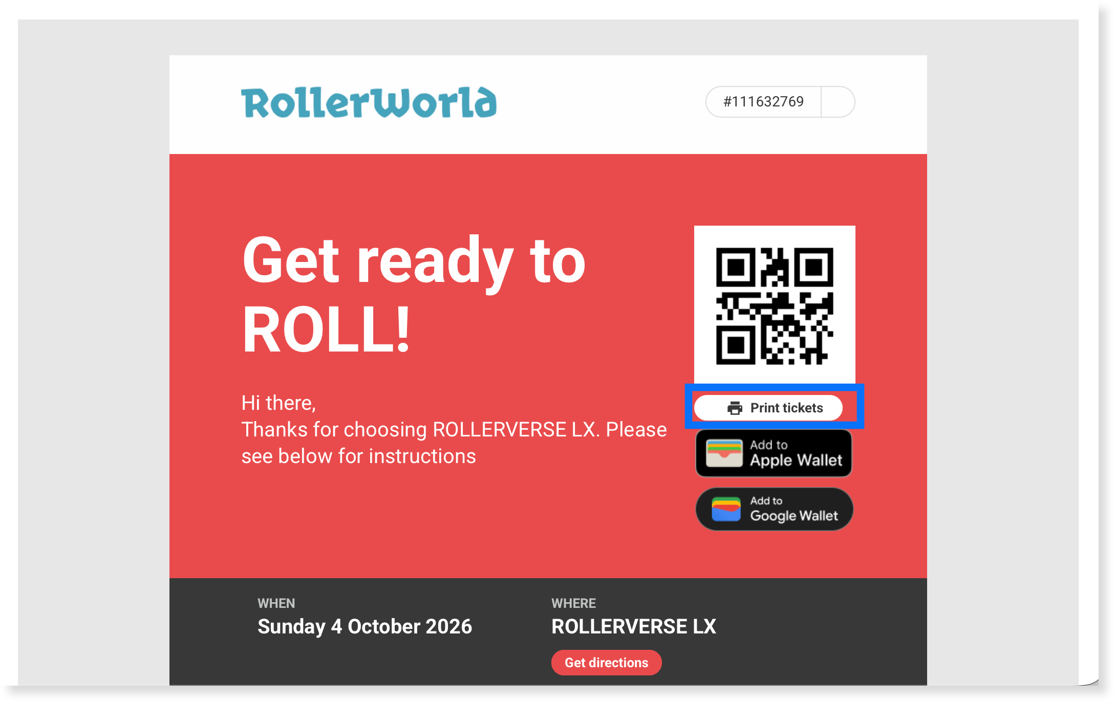 Booking confirmation email with the Print tickets button guests select to open their master or itemized tickets.