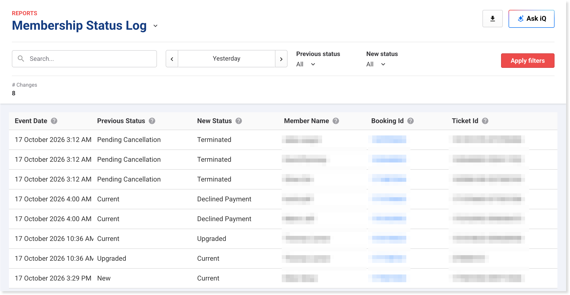 Find each membership's previous and new status, the date it changed and its ticket ID in the Membership Status Log report