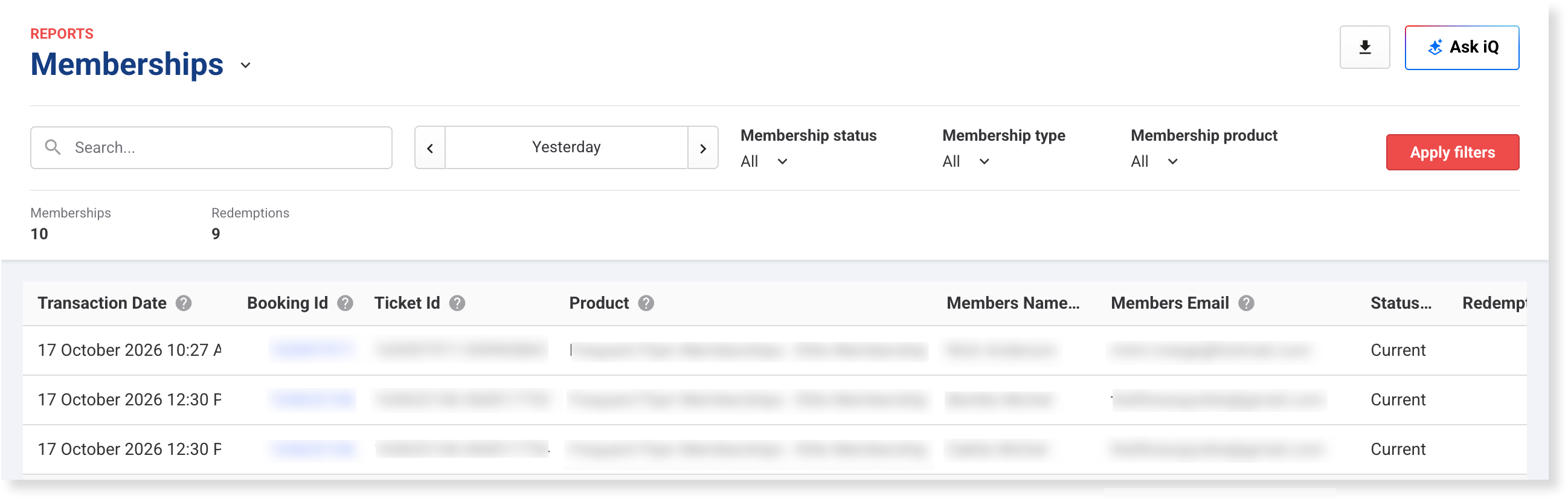 Find each membership's status, redemption days and expiry date in the Memberships report