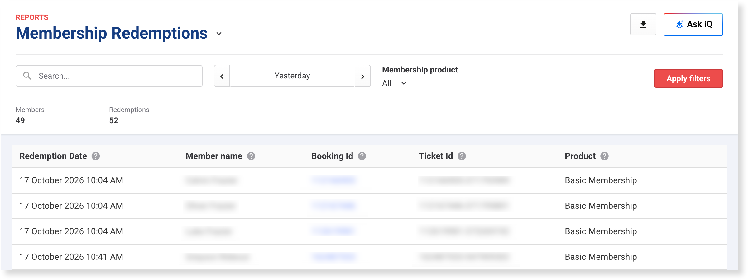Check each redemption's date, member, booking ID, ticket ID and membership product in the Membership Redemptions report