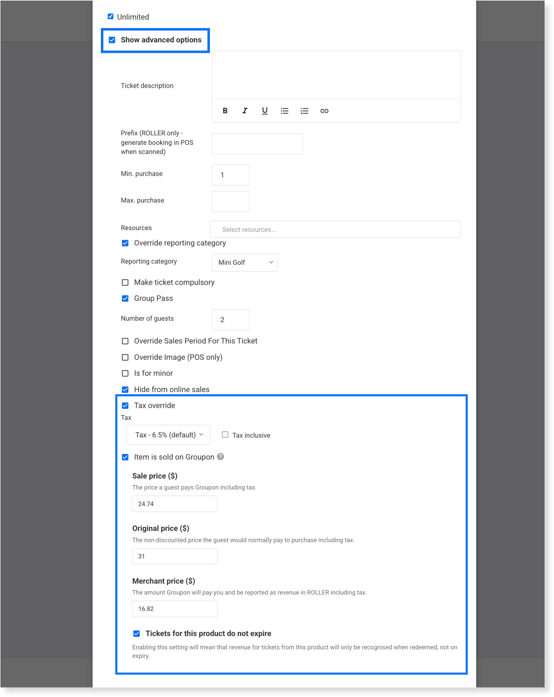 Ticket advanced options with Tax override and Tax inclusive selected
