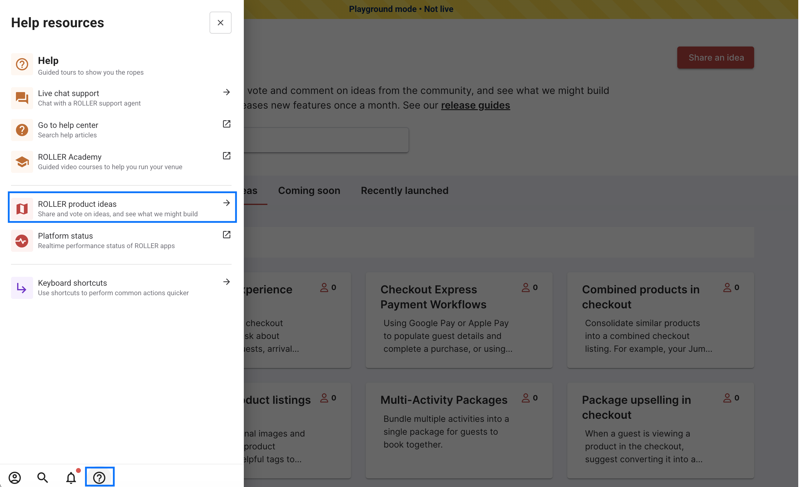 Help menu in Venue Manager with ROLLER Product ideas listed among the help resources