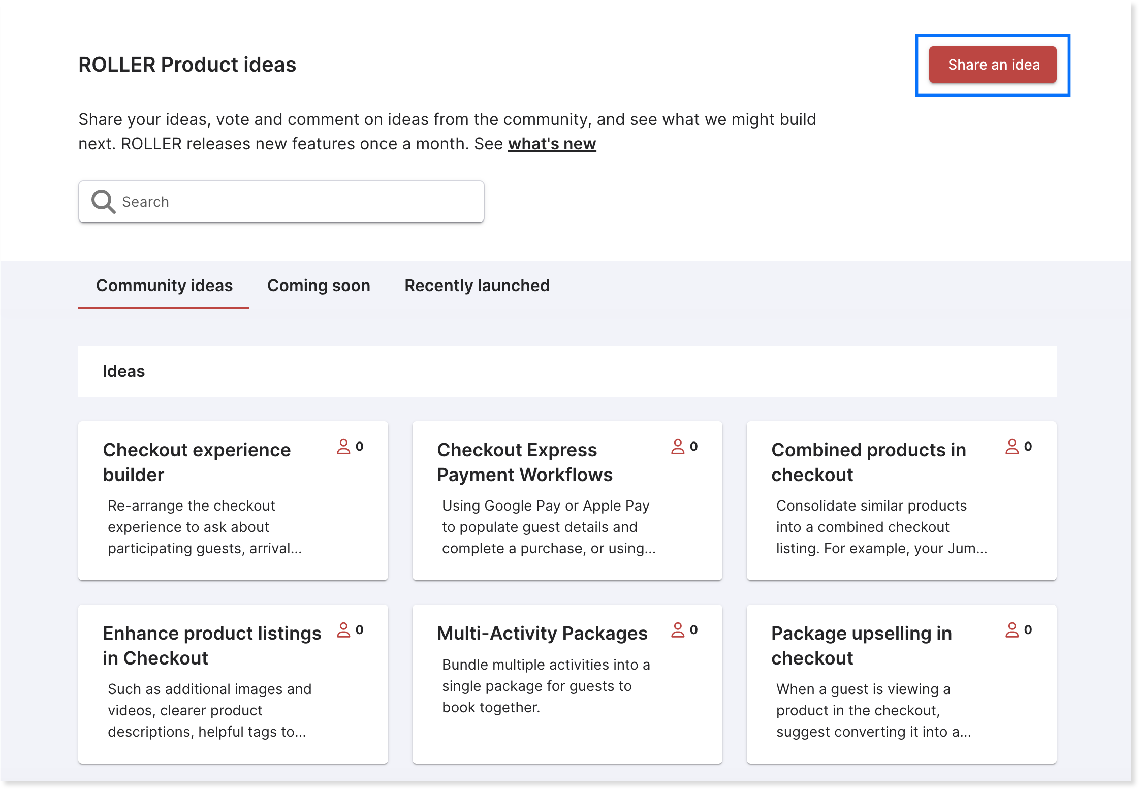 Share an idea button at the top right of the ROLLER Product ideas page