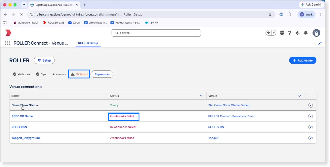 Shows where failed event counts and each venue's Status appear, so you can tell whether a sync has failed.