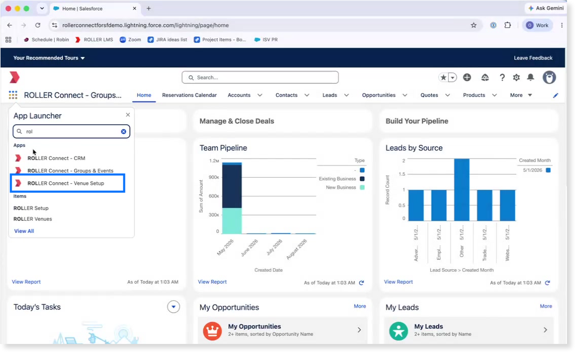 Confirms you've opened the right page in Salesforce, with the ROLLER Setup tab and venue connections in view.
