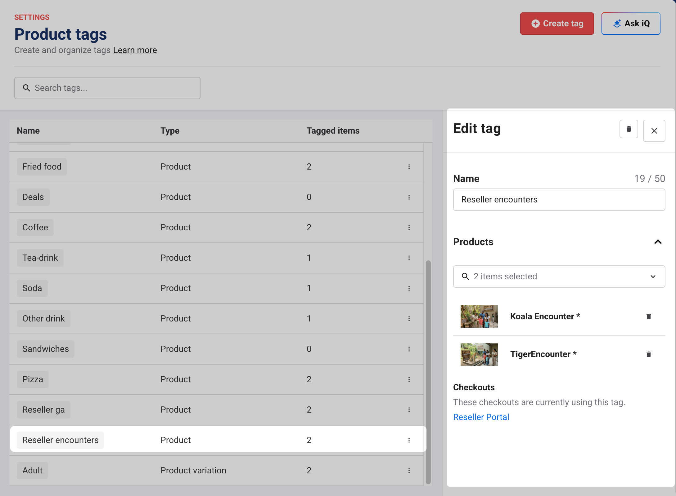See the Edit tag panel with the tag name, its linked reseller products and the Checkouts section showing where the tag is used