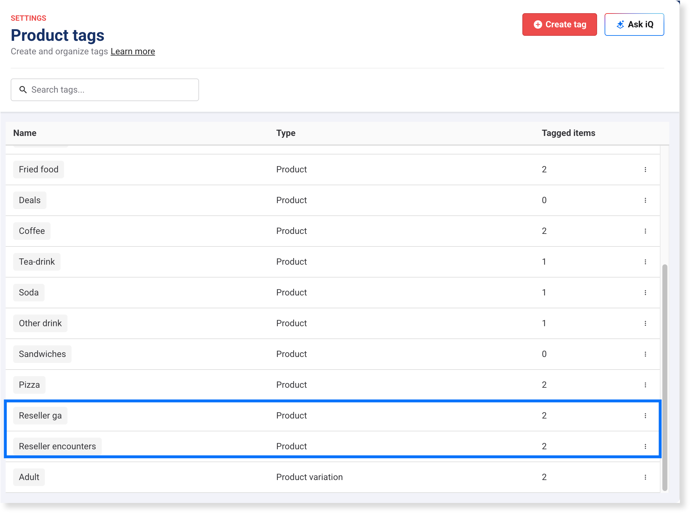 See your reseller tags listed together in Product tags, so you can find them apart from your guest product tags