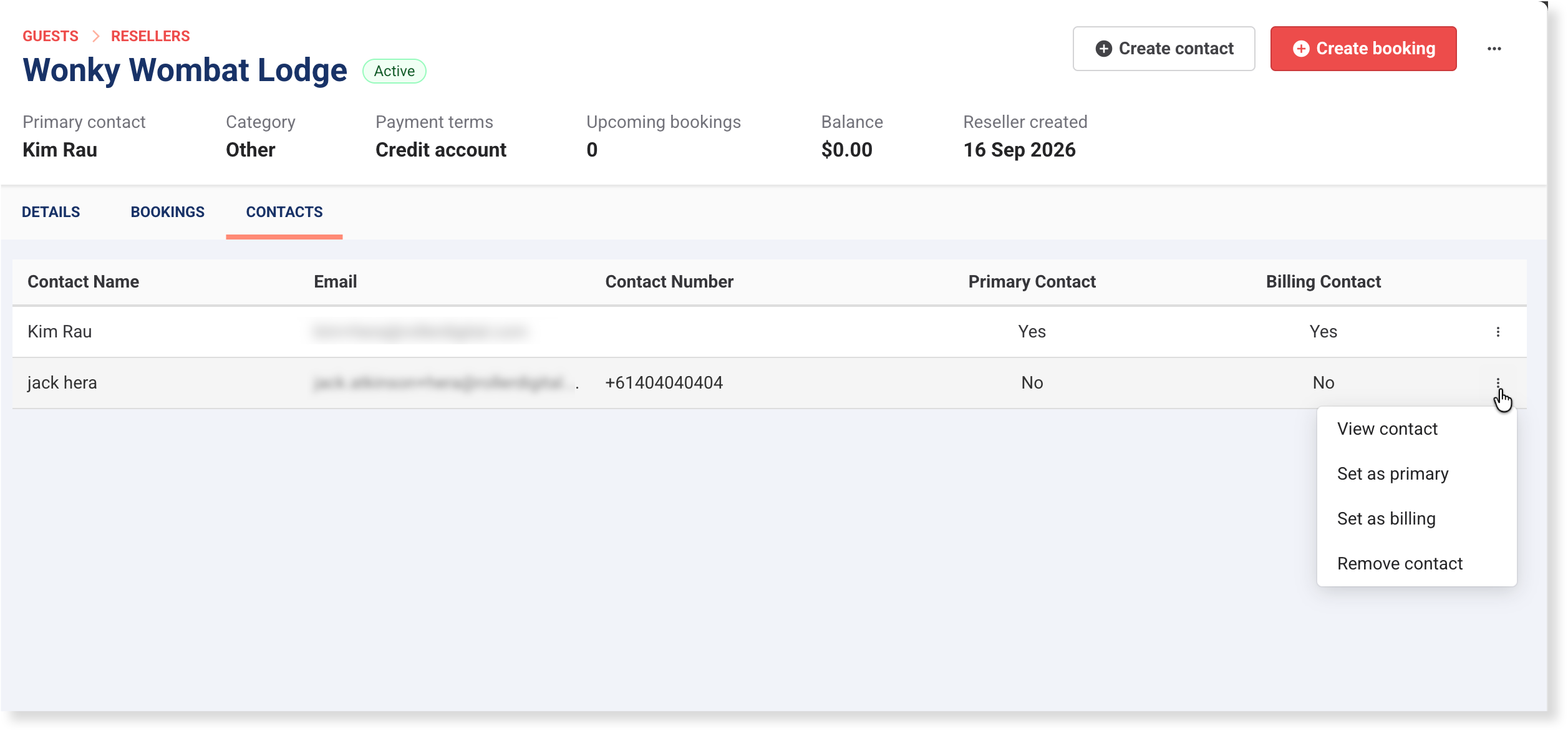 Make a contact the primary or billing contact from the options menu on their row in the reseller's Contacts tab