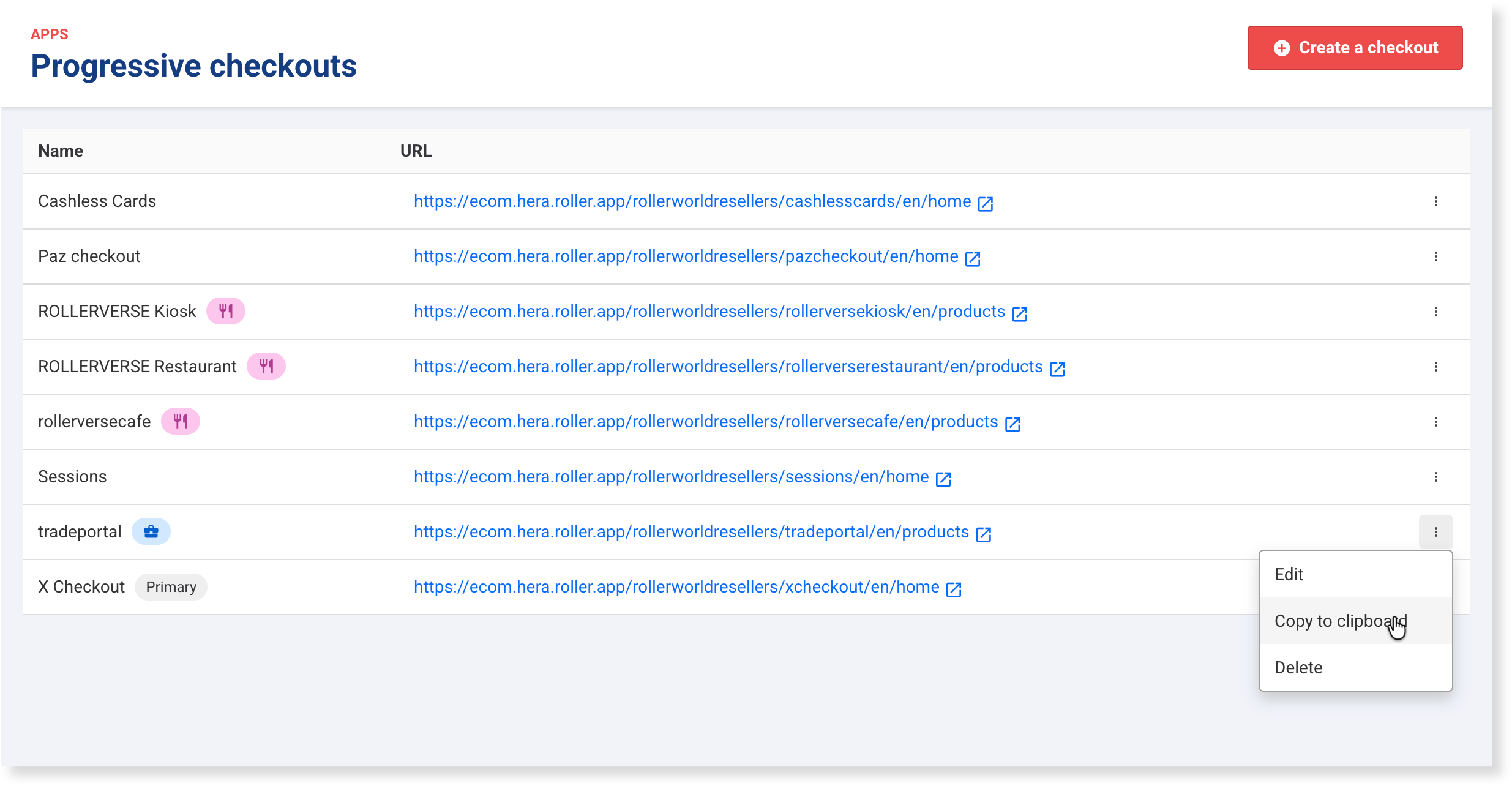 Find your reseller checkout by its reseller icon in the checkouts list, then copy its address from the URL column