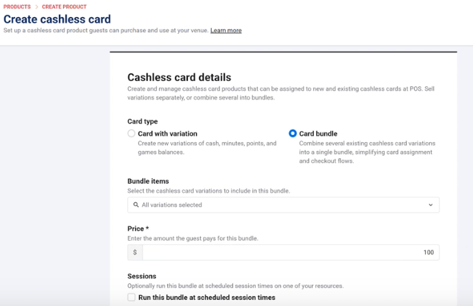 Create cashless card bundle product screen