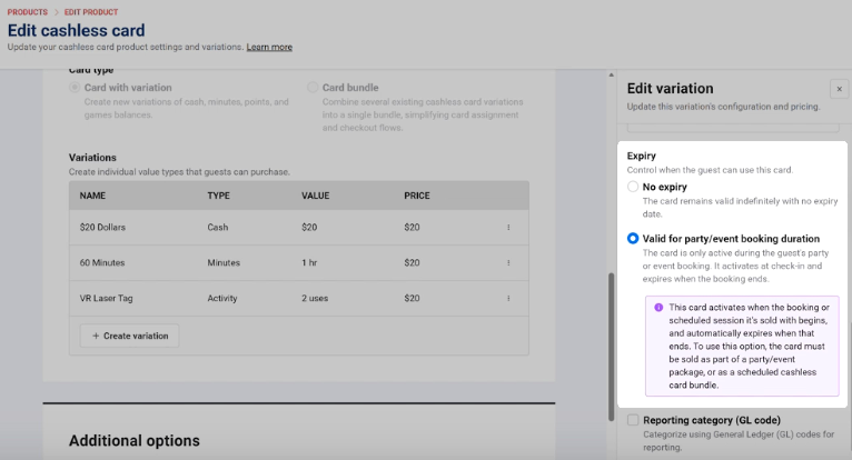 Editing cashless card settings with variations for cash, minutes, and activities.