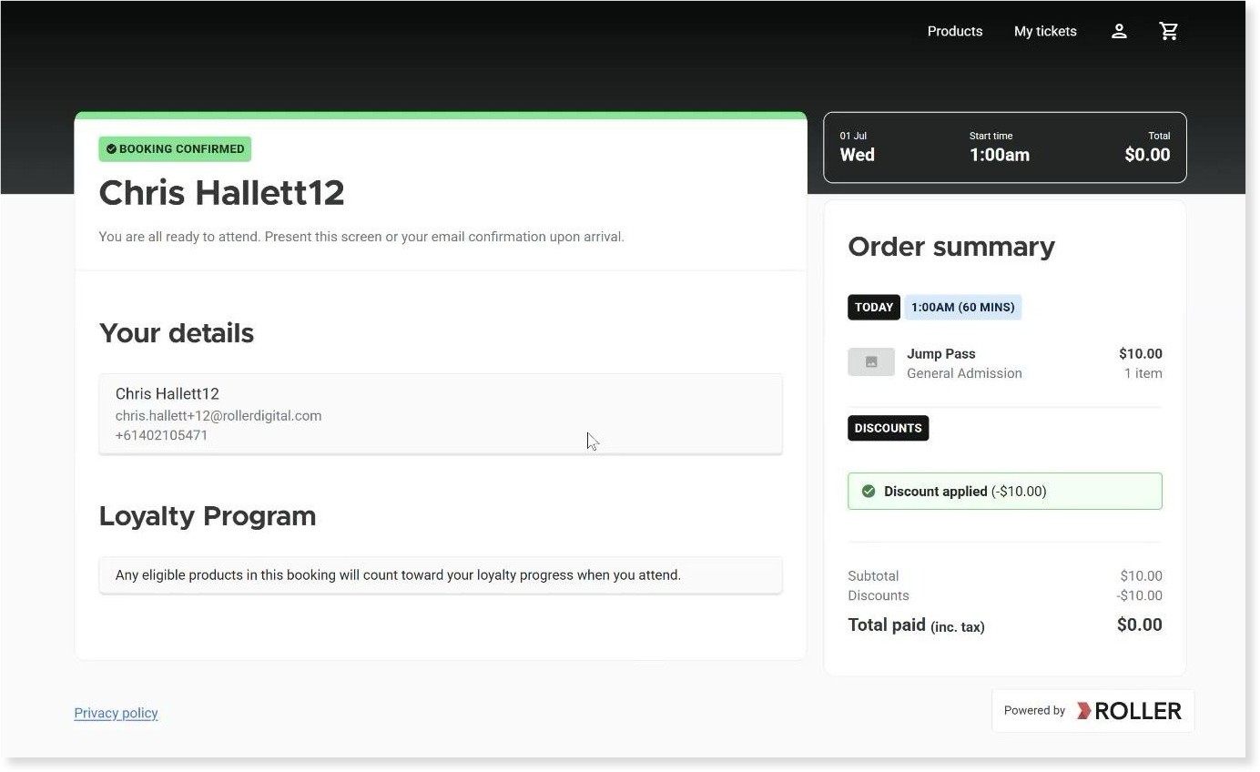 The booking confirmation page confirming eligible products count toward loyalty progress