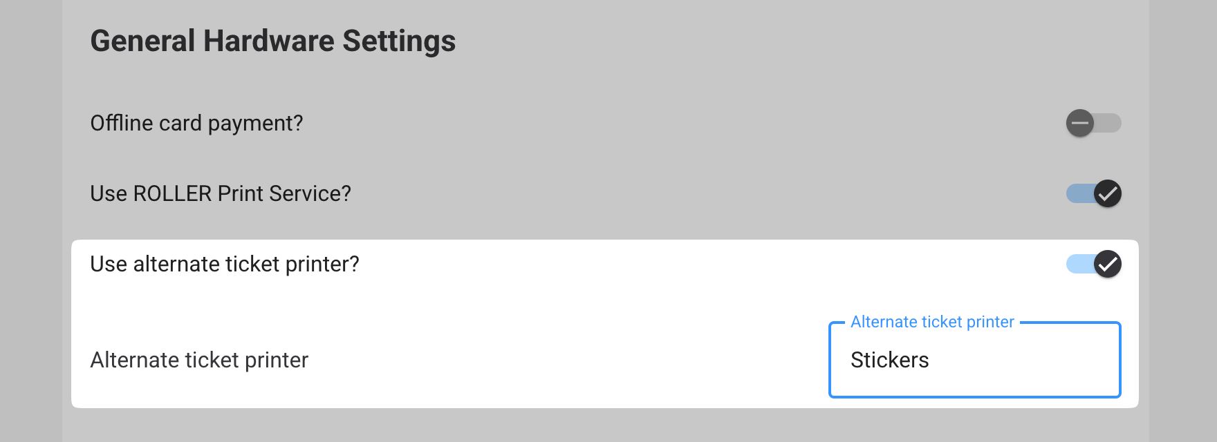 Setting up an alternate ticket printer for sticker printing in POS hardware settings