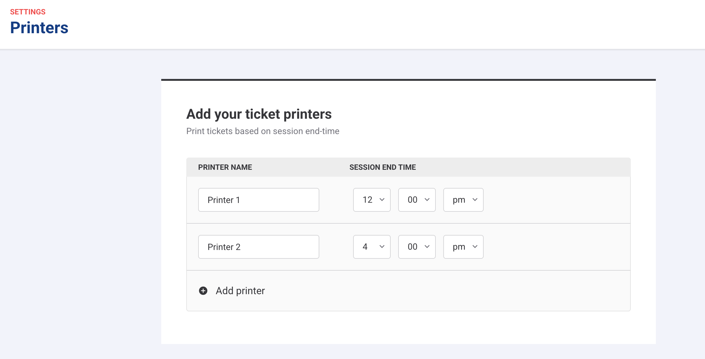 Configuring wristband printers by session end time in Venue Manager printer settings