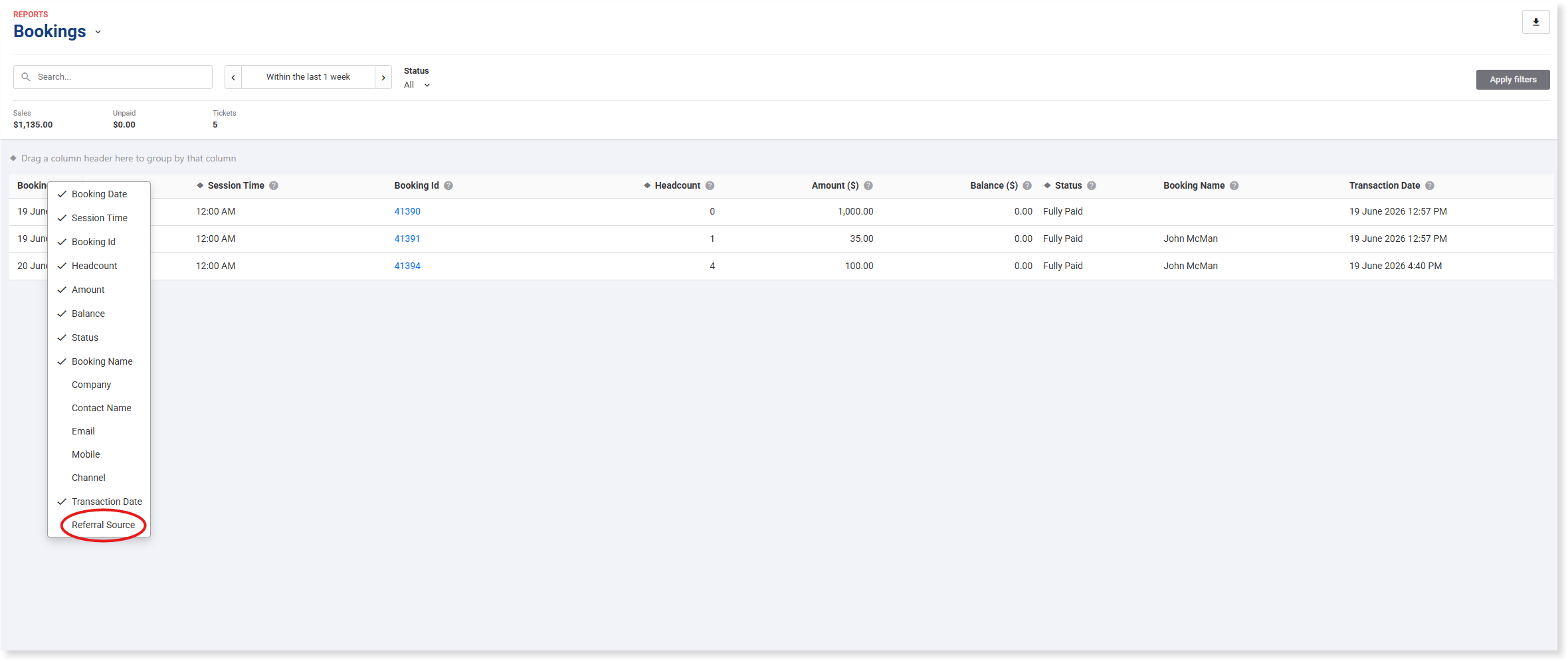 Adding the Referral Source column to the Bookings report grid