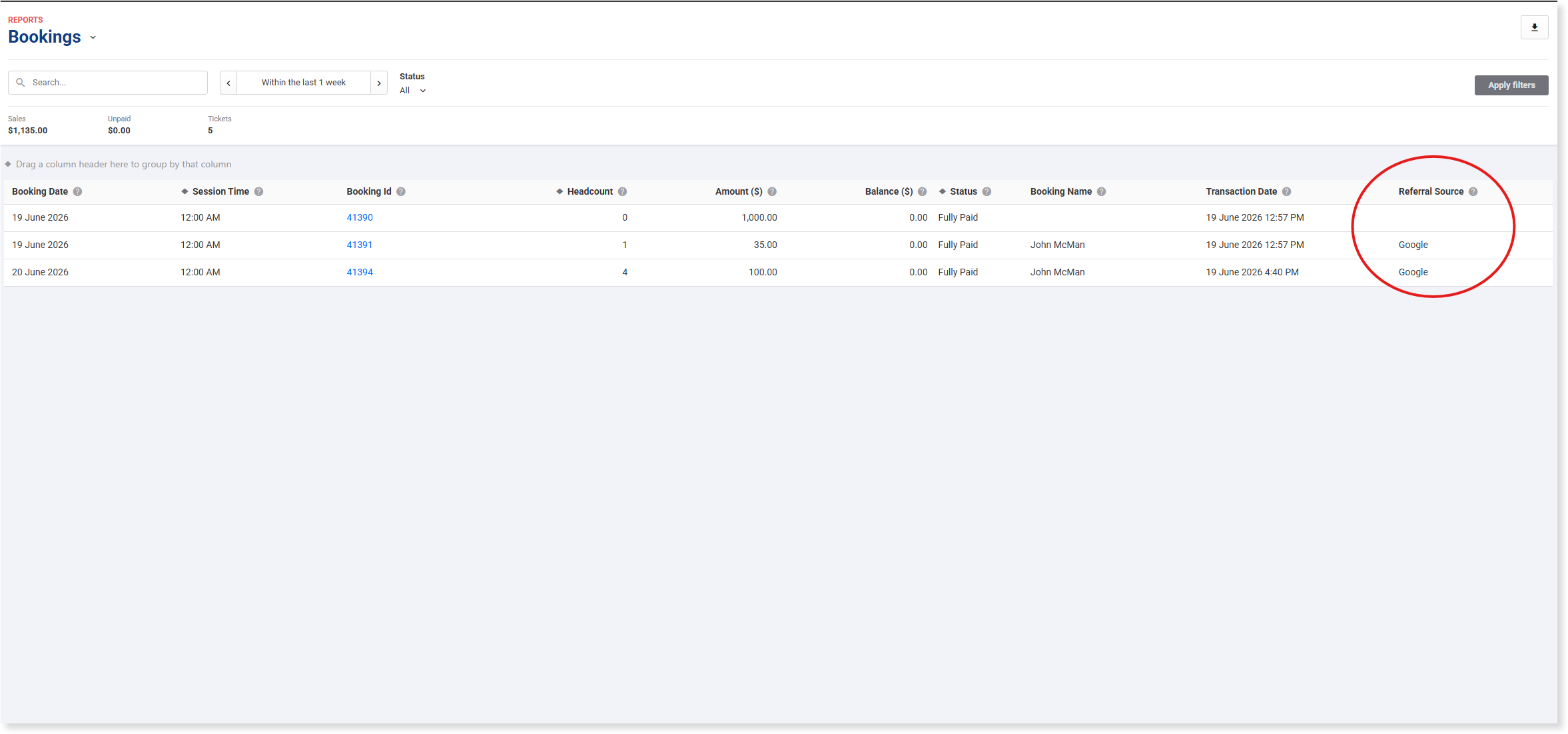 The Bookings report showing bookings labeled Google in the Referral Source column
