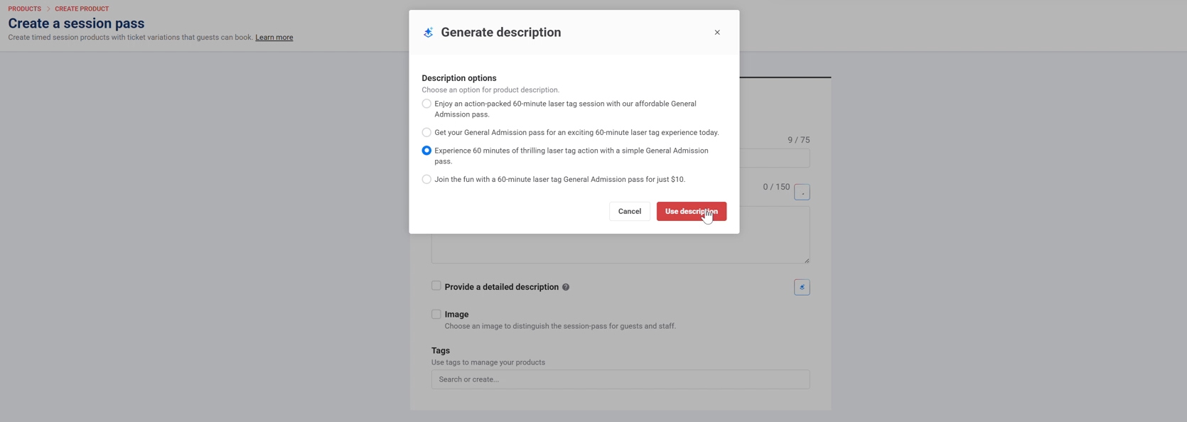 The Generate description dialog for a session pass
