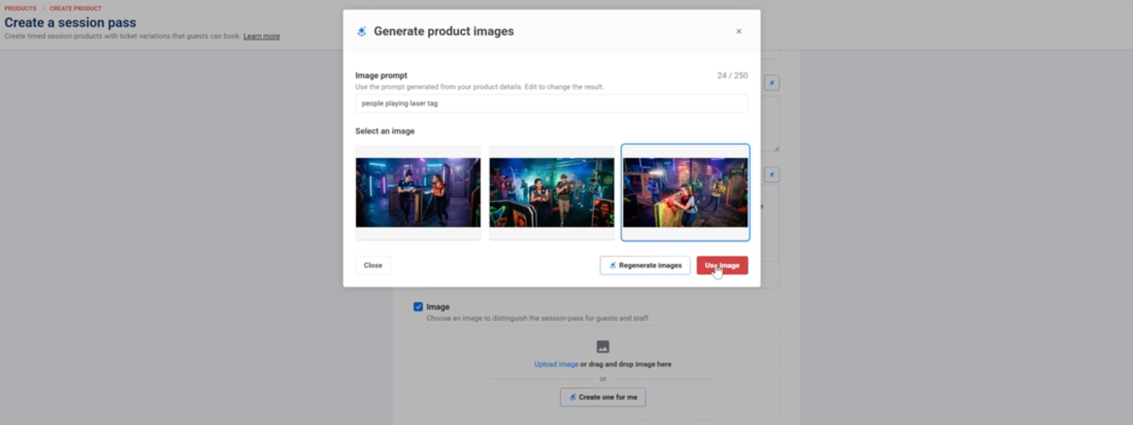 The Generate product images dialog for a session pass