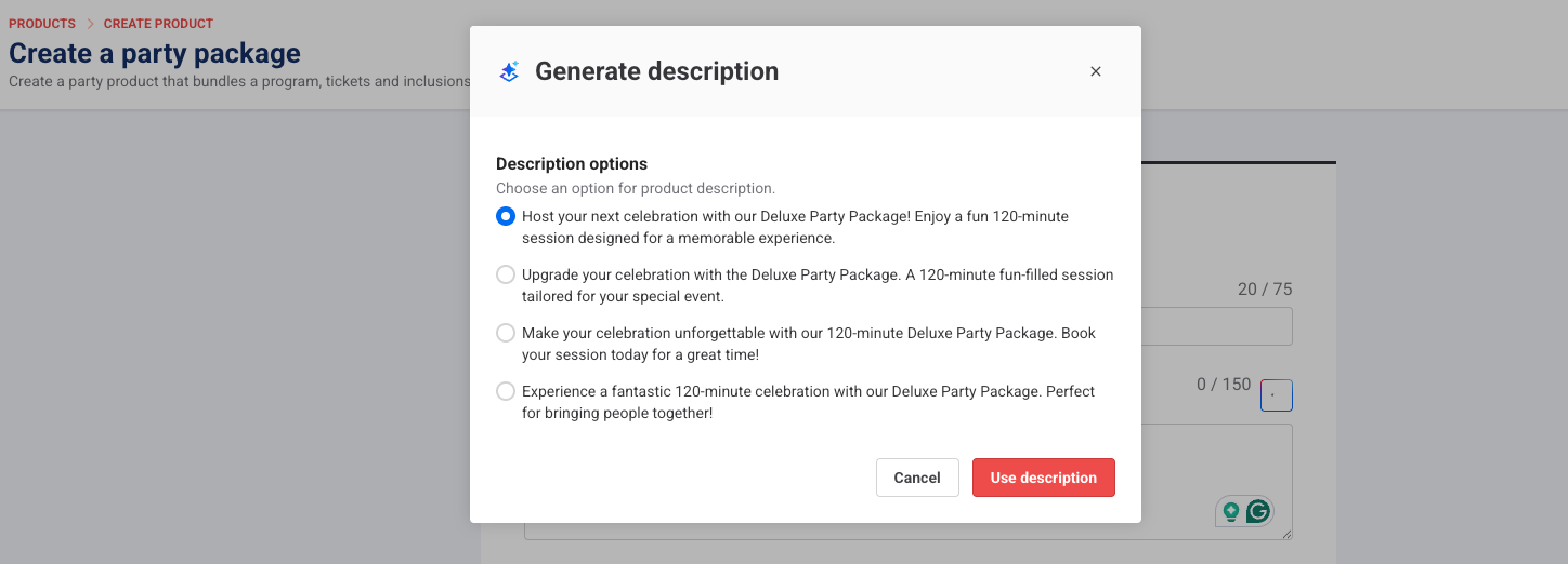 Generate description window offering four AI-written party package descriptions to choose from before you save