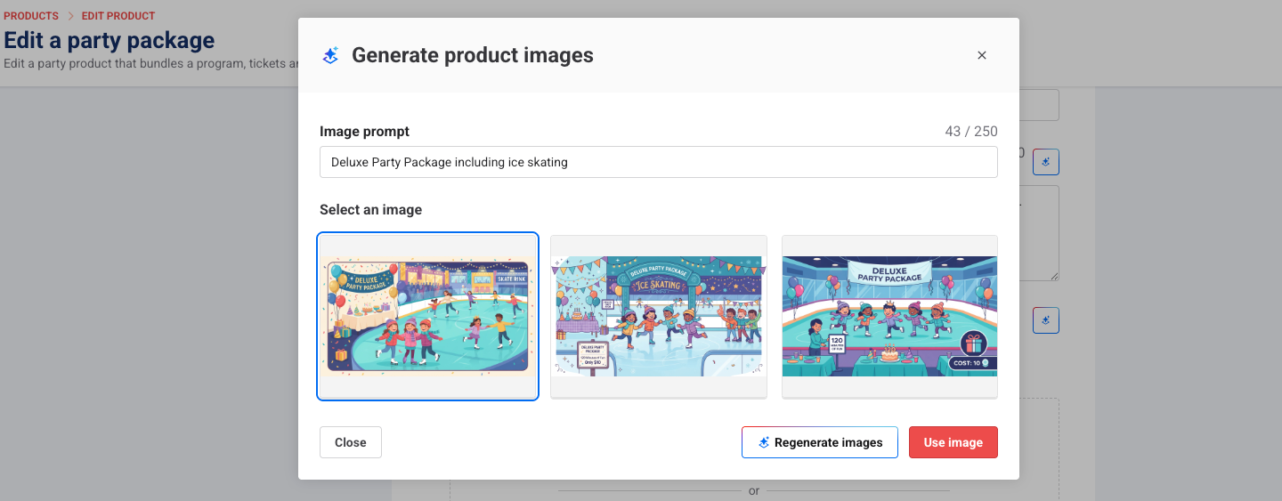 Generate product images window with an image prompt and three AI-generated party package images to choose from