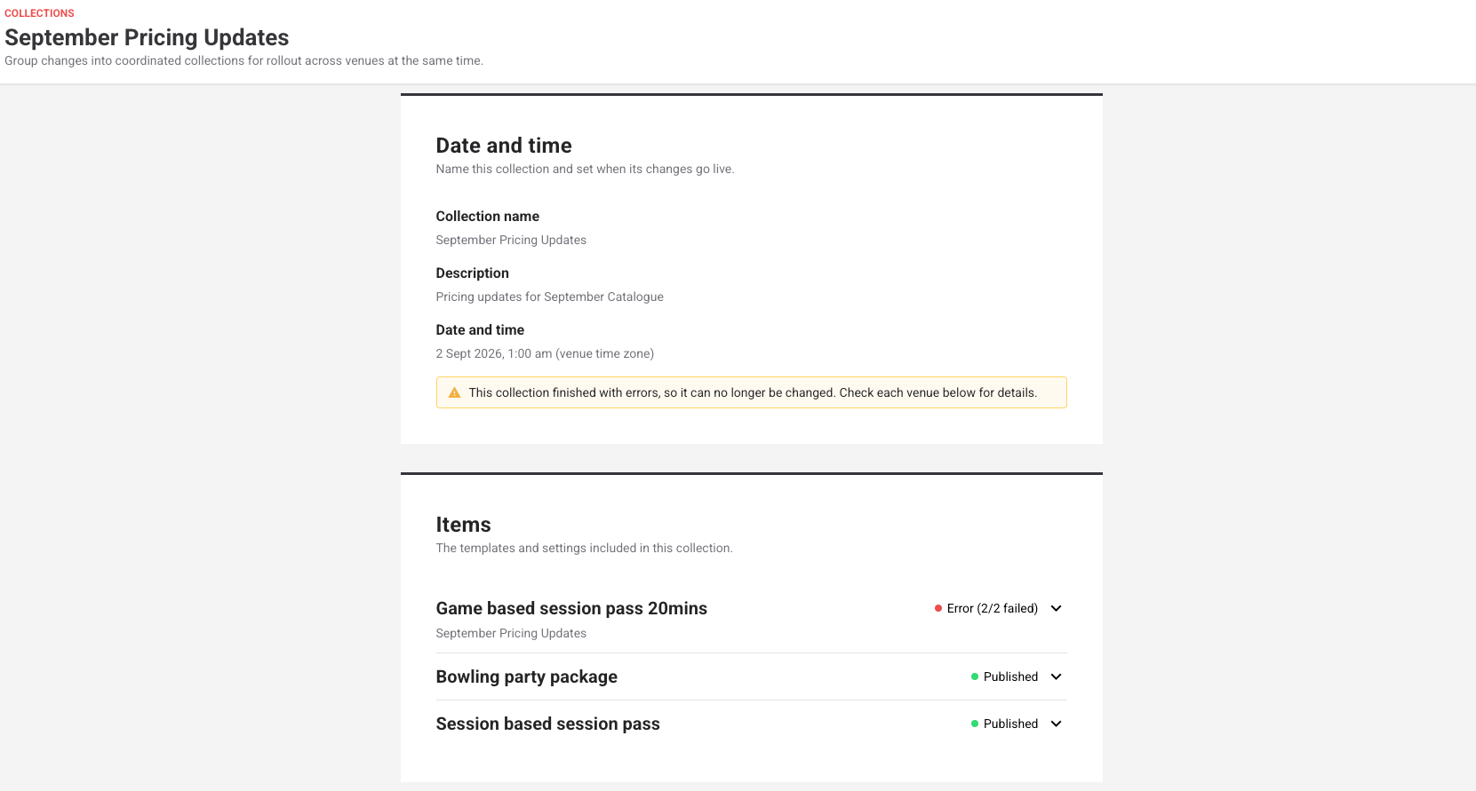 September pricing updates collection with error notification and item details listed below.