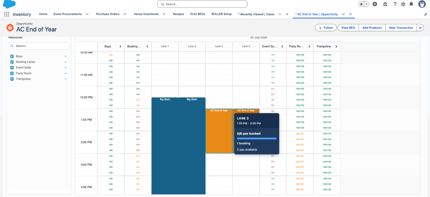 Schedule showing bookings for AC End of Year event and lane availability.