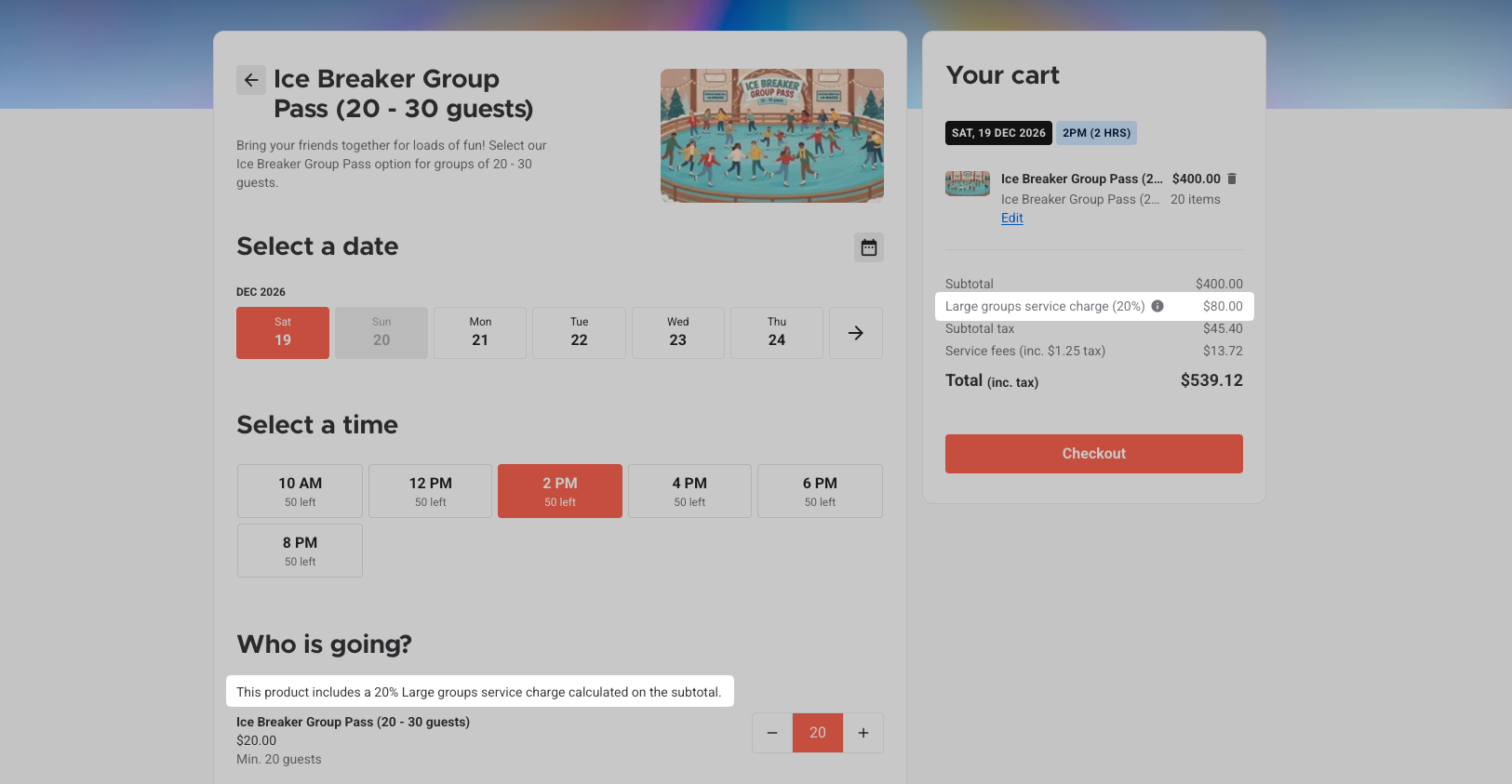 Online checkout noting that a product includes a service charge, with the charge shown as its own cart line